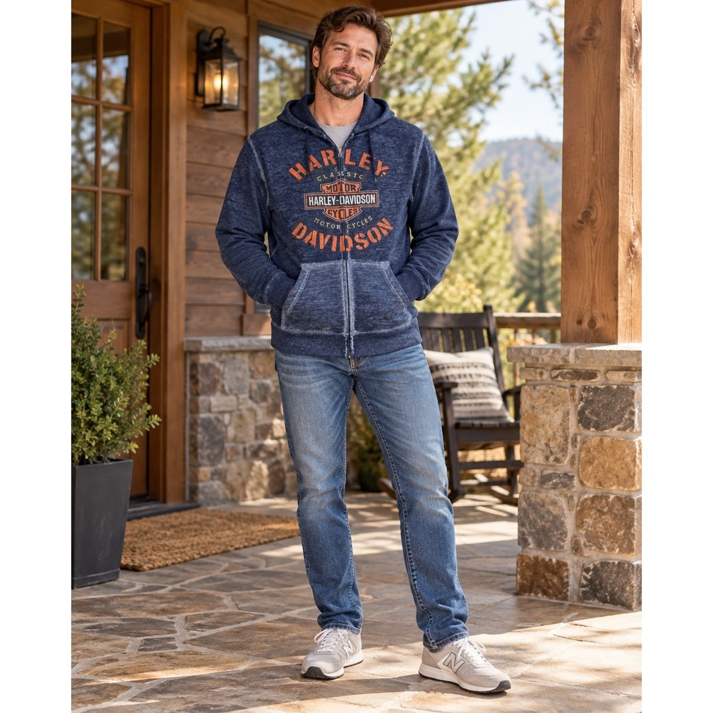 Harley-Davidson Men's Large Full Zip Hoodie Navy Blue Graphic Sweatshirt